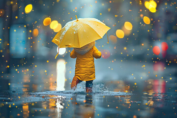 A happy child with an umbrella walking through puddles in the rain