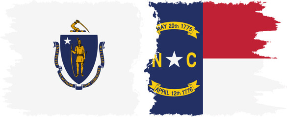 North Carolina and Massachusetts states grunge brush flags connection, vector