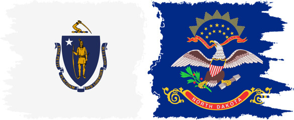 North Dakota and Massachusetts states grunge brush flags connection, vector