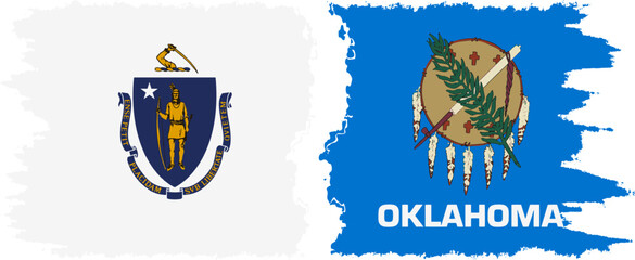 Oklahoma and Massachusetts states grunge brush flags connection, vector