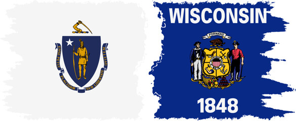 Wisconsin and Massachusetts states grunge brush flags connection, vector