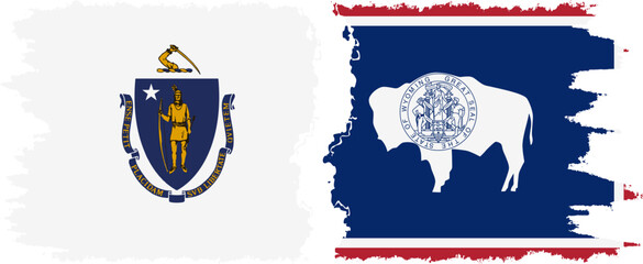 Wyoming and Massachusetts states grunge brush flags connection, vector