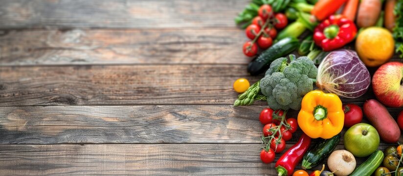 Farmers vegetable market display of organic raw fruits and vegetables on a wooden table background with room for copy space image