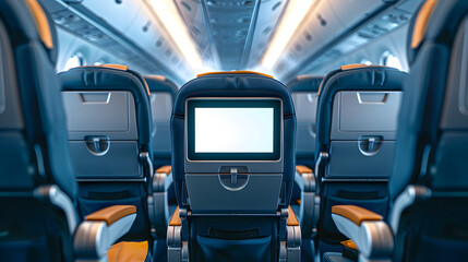 Airplane seats with blank LCD screen mockup device for entertainment to serve passenger on a plane trip