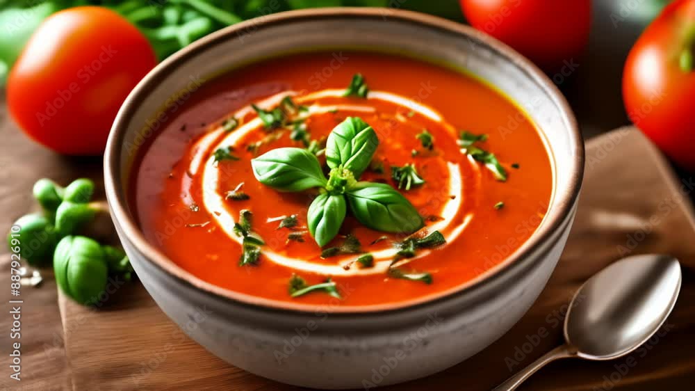 Poster  Delicious bowl of tomato soup with fresh basil ready to be savored