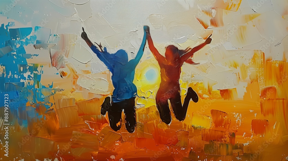 Wall mural A happy couple jumping in an Extremely abstract oil painting with very thick paint on canvas.