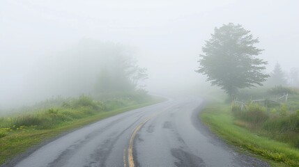 Fototapeta premium Thick fog obscures road in Stonington Maine