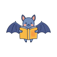Doodle illustration of a cute bat reading a book