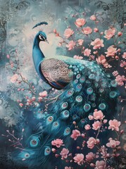 colorful peacock with pink flowers
