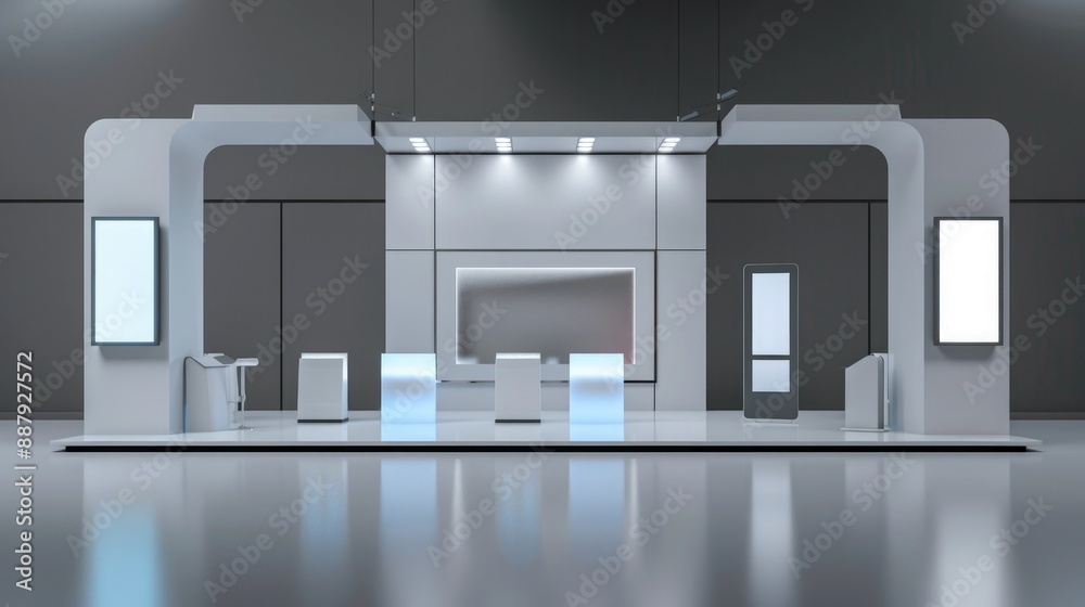 Poster A 3D render of a blank booth system with interactive elements, such as touch screens or digital displays. 