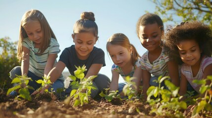A diverse group of children planting small trees together, showing unity in the fight against global warming. 