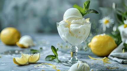 Limoncello liqueur and ice cream in a glass. Selective focus.
