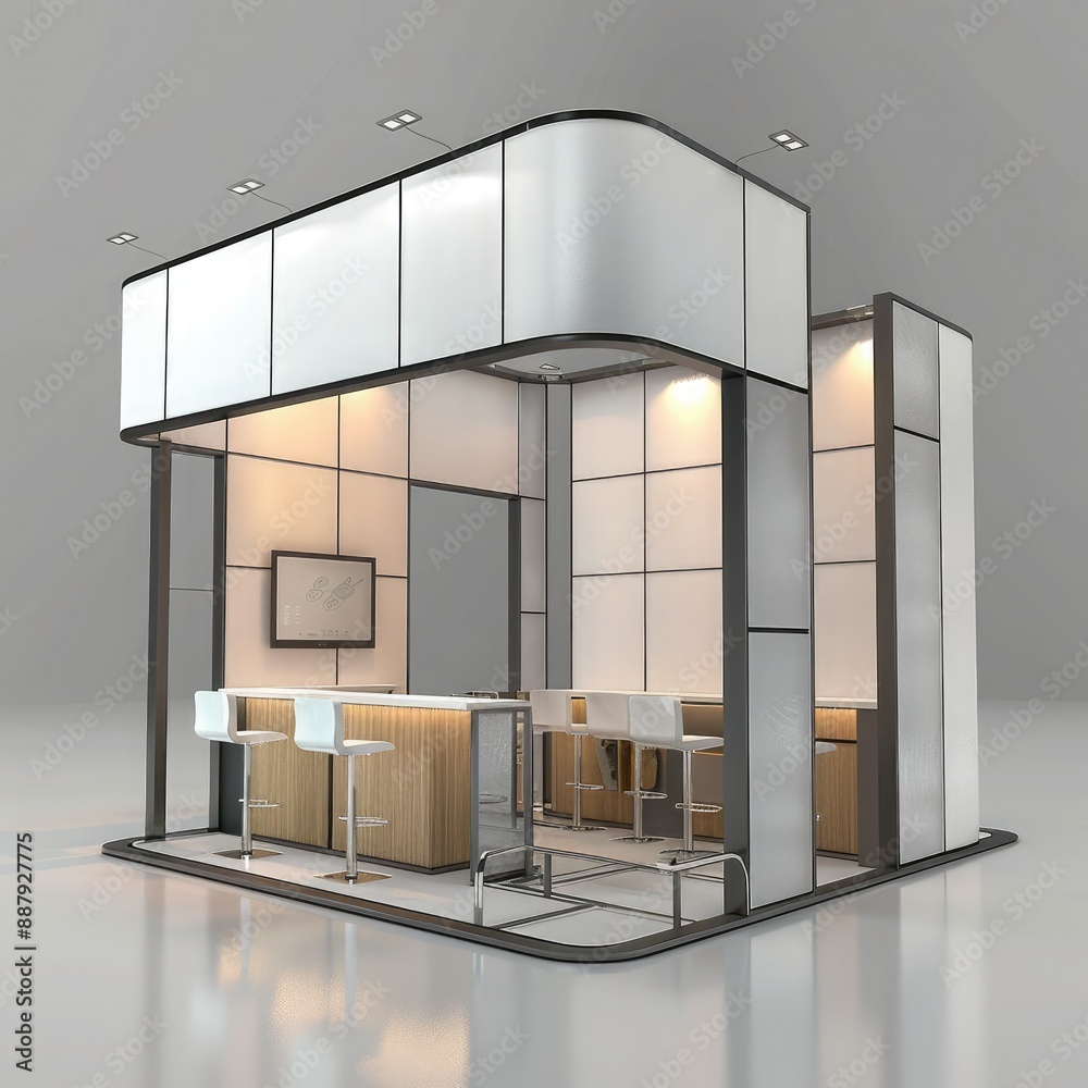 Poster A 3D render of a blank booth system featuring a unique, modular design that can be customized and rearranged.