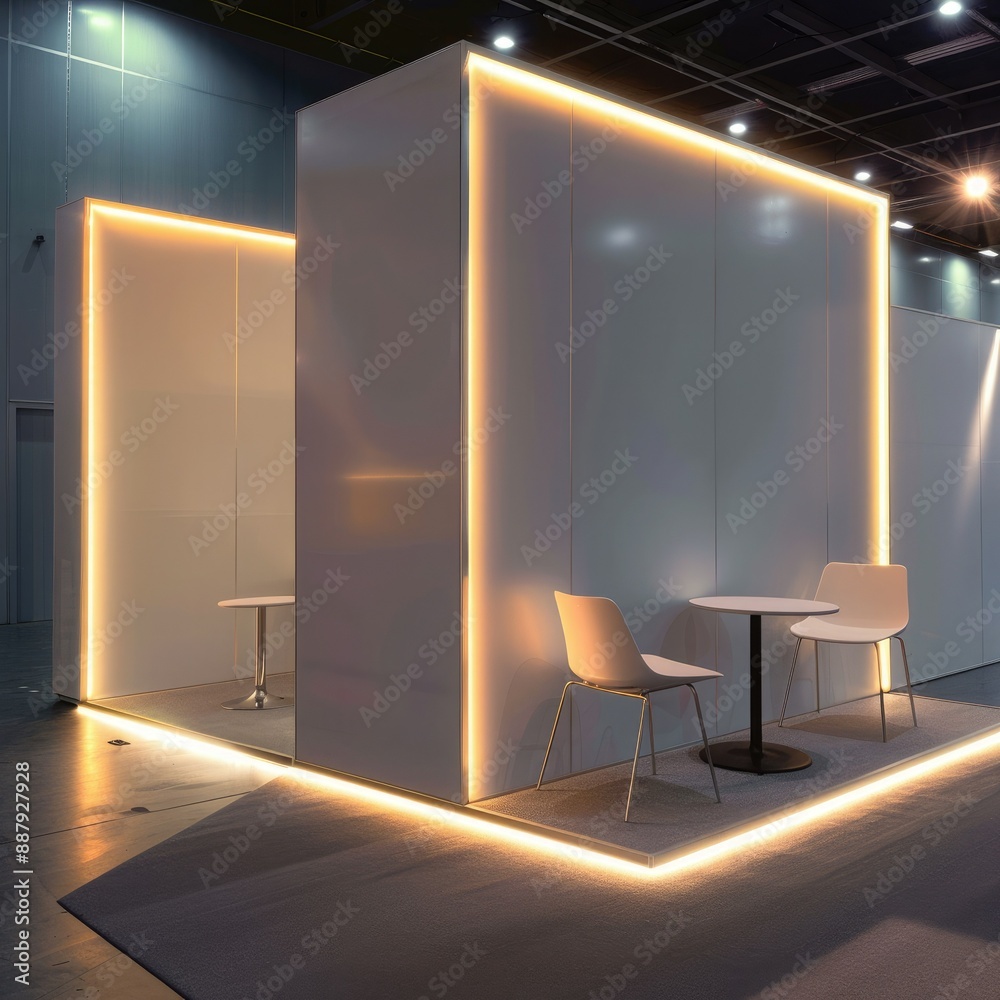 Poster a blank booth system in a minimalist style, with a clean, uncluttered design and soft, ambient light