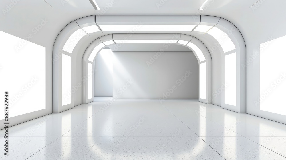 Aufkleber A blank booth system with an arching structure, providing an inviting space for displaying graphics or promotional materials.