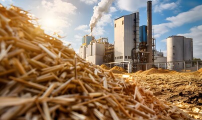 Industrial Plant with Straw Pile in Foreground