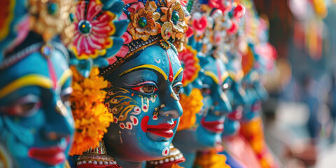 Fototapeta premium Close-up of colorful traditional masks at an Indian festival, showcasing intricate designs and cultural richness.