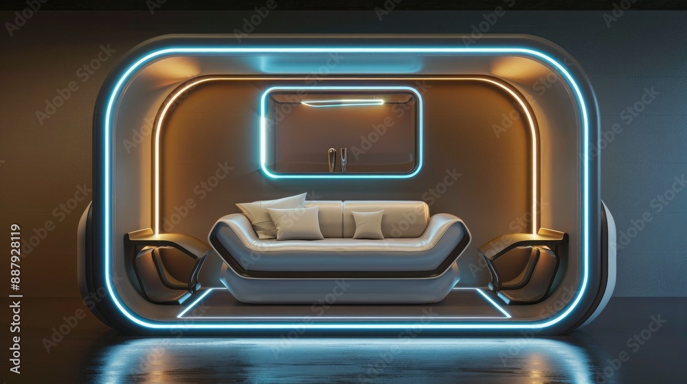 Poster A 3D render of a blank booth system with a futuristic, high-tech design, featuring LED lights and sleek surfaces.