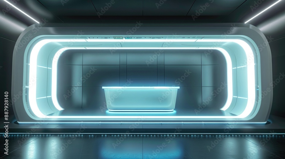 Poster A 3D render of a blank booth system with a futuristic, high-tech design, featuring LED lights and sleek surfaces. 