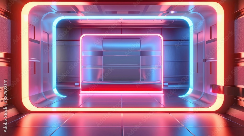 Poster A 3D render of a blank booth system with a futuristic, high-tech design, featuring LED lights and sleek surfaces. 