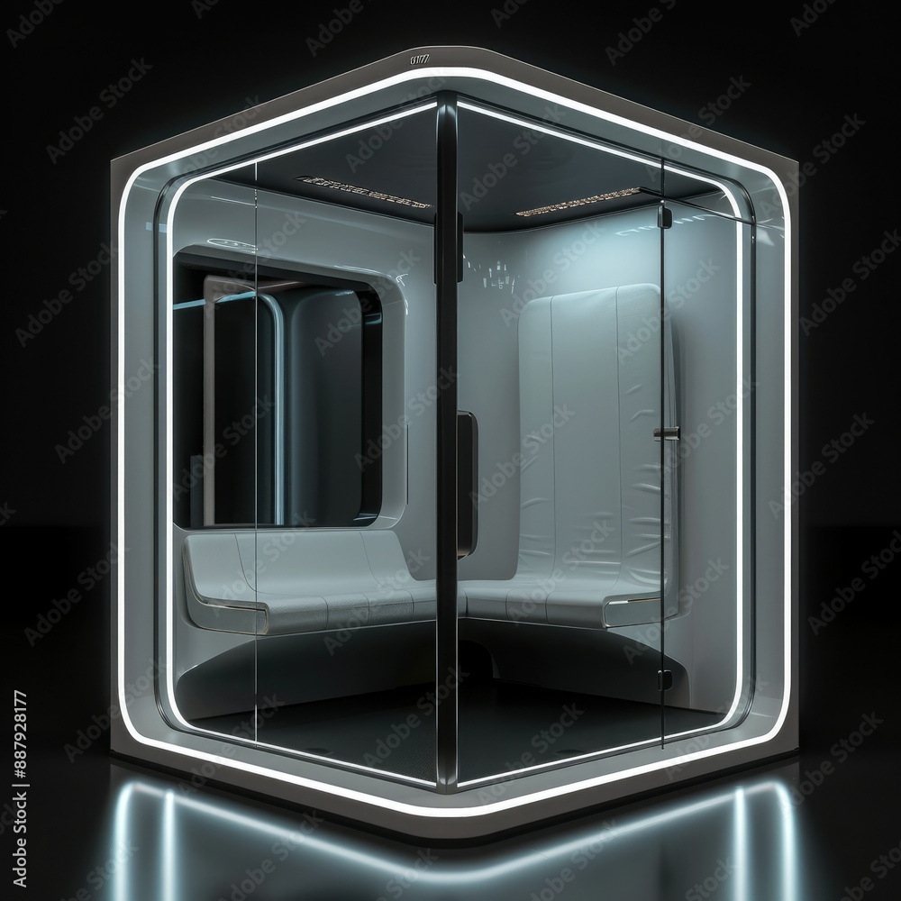 Poster A 3D render of a blank booth system with a futuristic, high-tech design, featuring LED lights and sleek surfaces. 