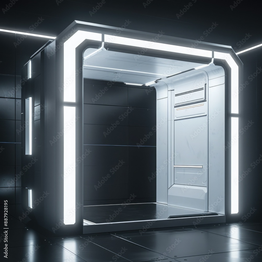 Poster A 3D render of a blank booth system with a futuristic, high-tech design, featuring LED lights and sleek surfaces.