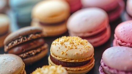 Fototapeta premium Assorted colorful macarons in close-up view
