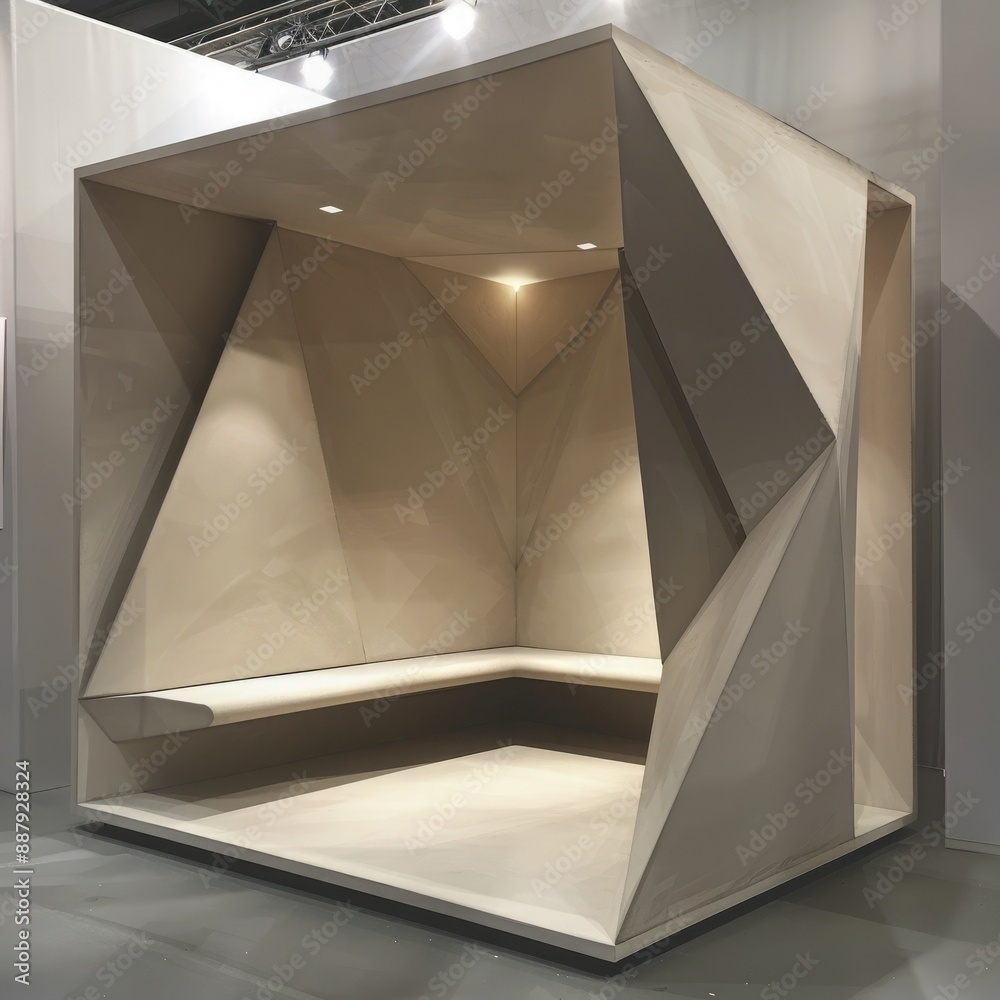 Poster A blank booth system in a geometric shape, with sharp angles and a neutral color palette for a contemporary aesthetic.
