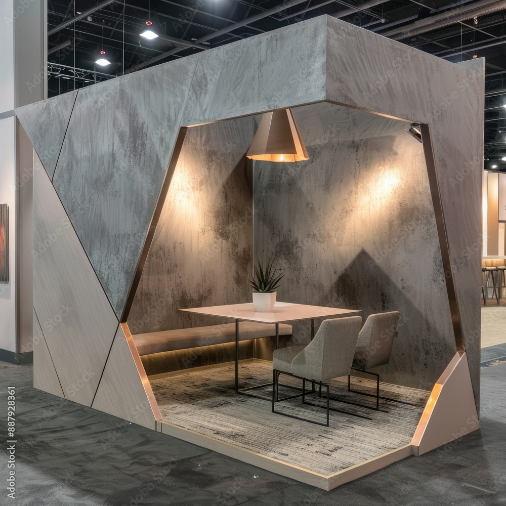 Poster a blank booth system in a geometric shape, with sharp angles and a neutral color palette for a conte