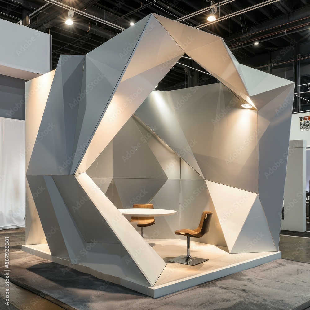 Poster A blank booth system in a geometric shape, with sharp angles and a neutral color palette for a contemporary aesthetic. 