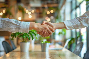Obraz premium Two people shaking hands over a wooden table in a modern office