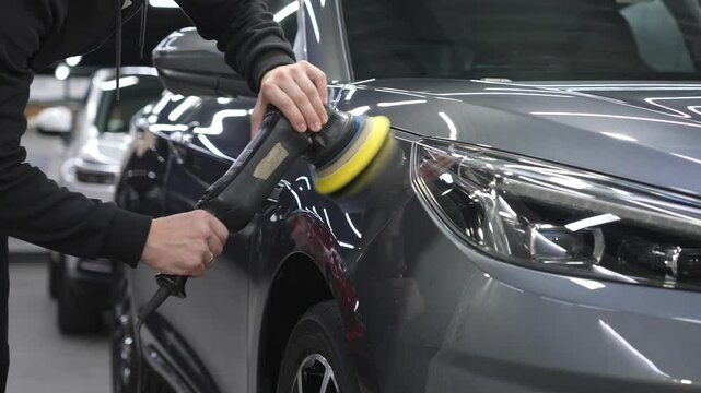A mechanic polishes the surface of a gray car body. 