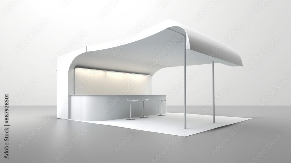 Poster A 3D render of a blank booth system featuring a simple, open design with white walls and a smooth, curved canopy.