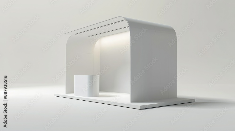 Poster A 3D render of a blank booth system featuring a simple, open design with white walls and a smooth, curved canopy. 