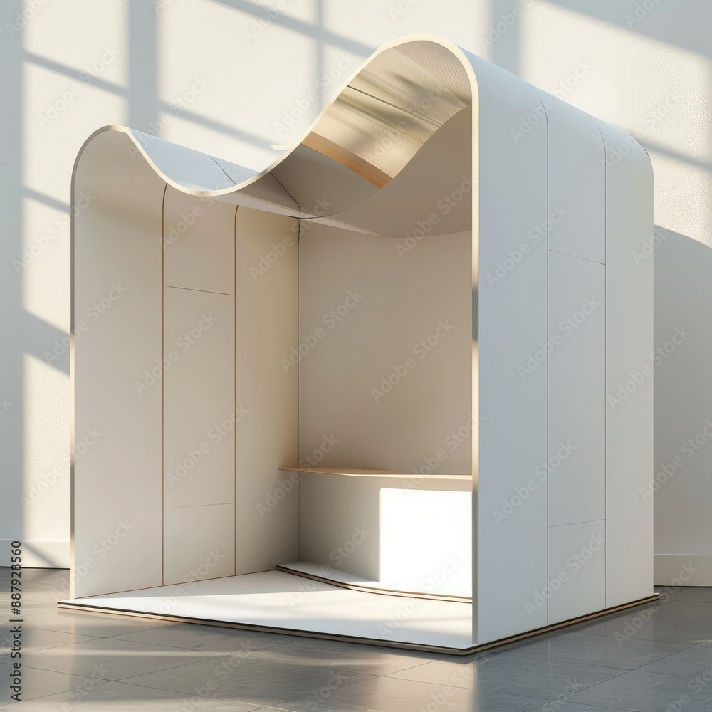 Poster A 3D render of a blank booth system featuring a simple, open design with white walls and a smooth, curved canopy.