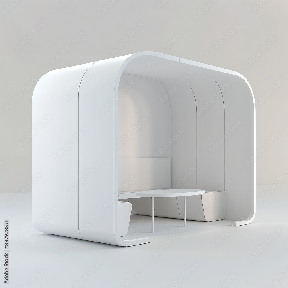 Poster A 3D render of a blank booth system featuring a simple, open design with white walls and a smooth, curved canopy. 