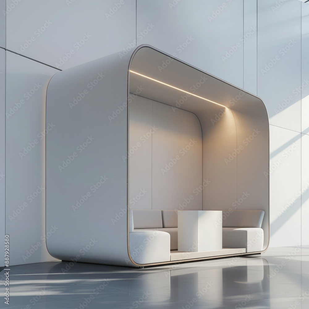 Fototapete a 3d render of a blank booth system featuring a simple, open design with white walls and a smooth, c