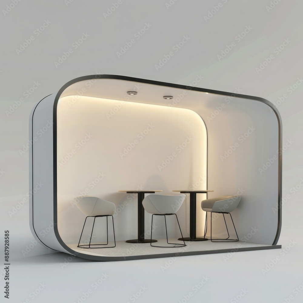 Poster A 3D render of a blank booth system featuring a simple, open design with white walls and a smooth, curved canopy. 