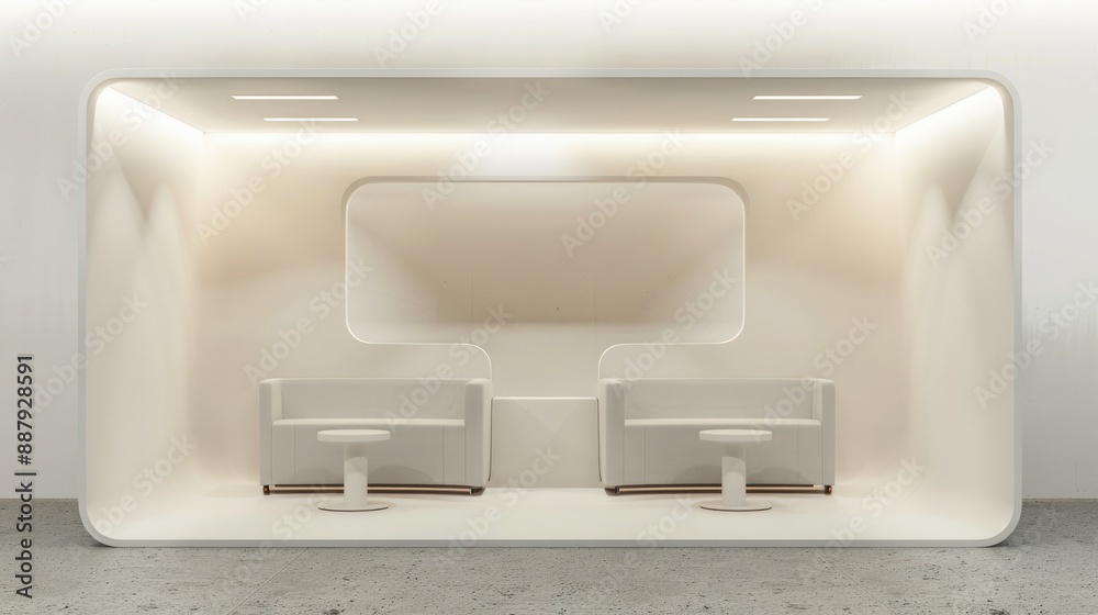 Poster a sleek, modern blank booth system with clean lines and a minimalist design, set against a neutral b