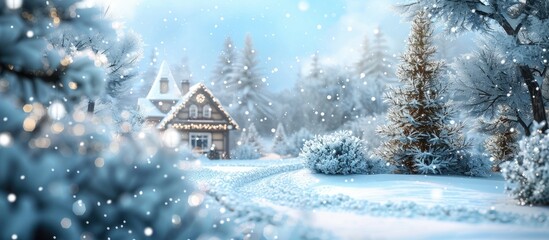 Naklejka premium Snow covered scene with a white Christmas background and copy space image