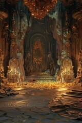 Fototapeta premium An empty stage in a fantastical monster's lair, with a treasure-laden floor, flickering torchlight reflecting off gold coins, and large statues. 