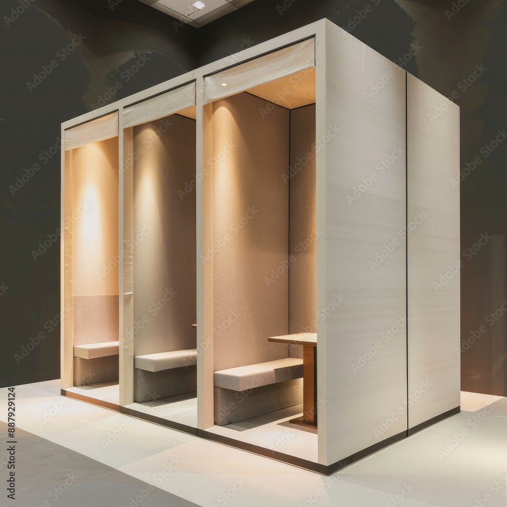 Poster a sleek, modern blank booth system with clean lines and a minimalist design, set against a neutral b