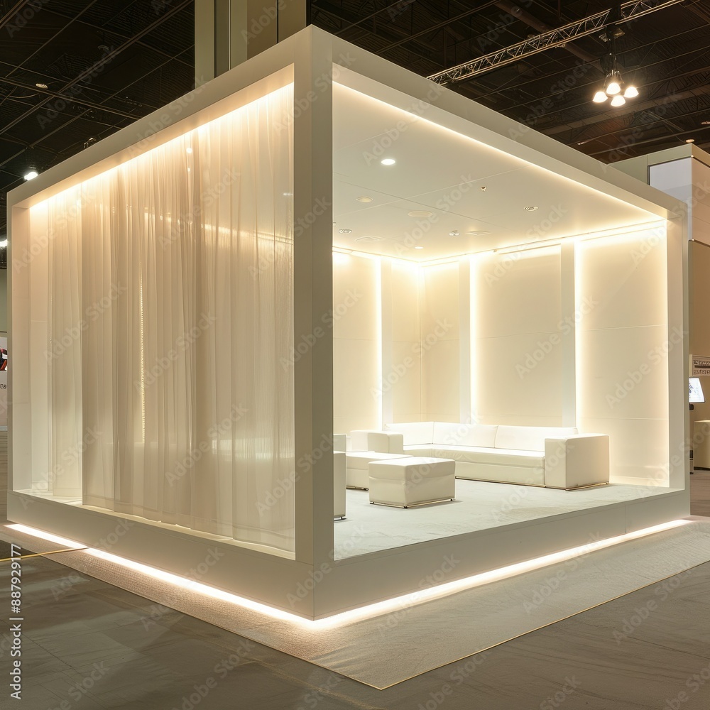 Poster a sleek, modern blank booth system with clean lines and a minimalist design, set against a neutral b