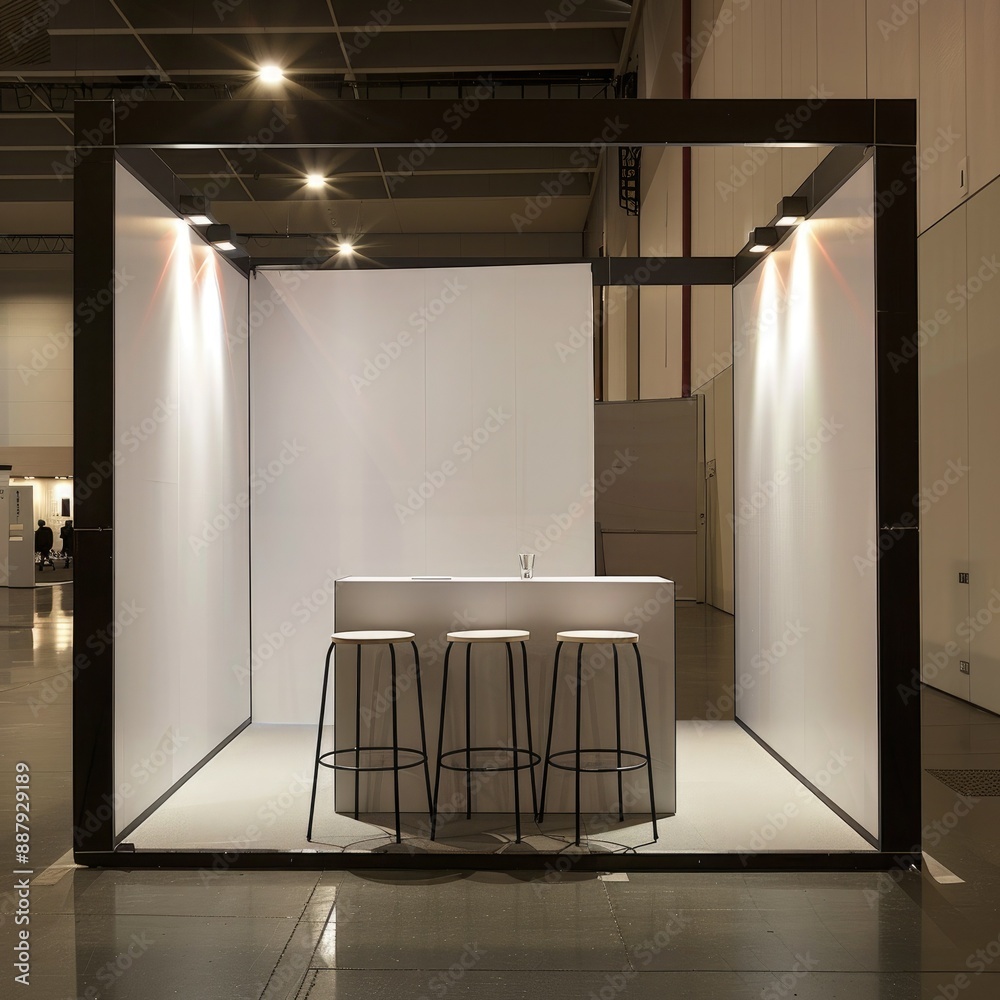 Poster a sleek, modern blank booth system with clean lines and a minimalist design, set against a neutral b