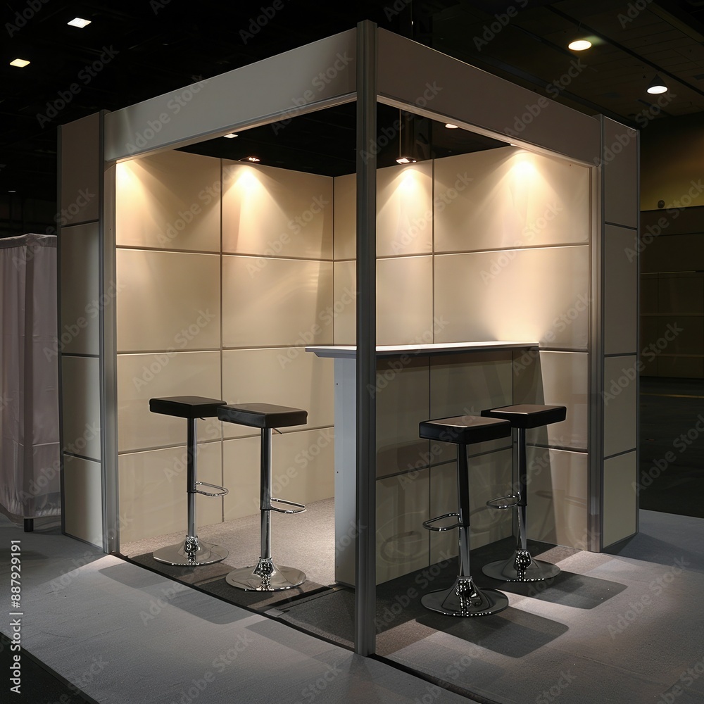 Poster a sleek, modern blank booth system with clean lines and a minimalist design, set against a neutral b