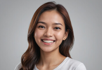 Fototapeta premium Portrait view of a regular happy smiling Malaysia woman, ultra realistic, candid, social media, avatar image, plain solid background