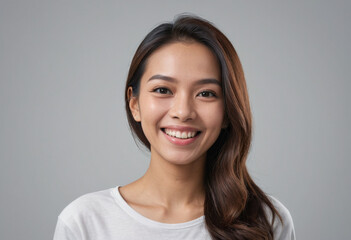 Fototapeta premium Portrait view of a regular happy smiling Malaysia woman, ultra realistic, candid, social media, avatar image, plain solid background