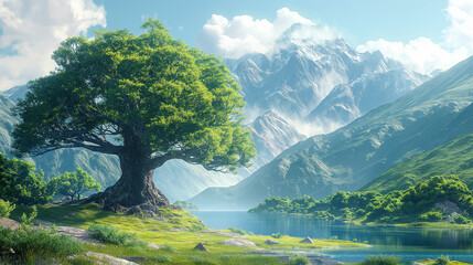 Illustration style, with green mountains and waters in the distance and a towering green tree in the middle, creating a sense of space and a green grassland in the foreground.