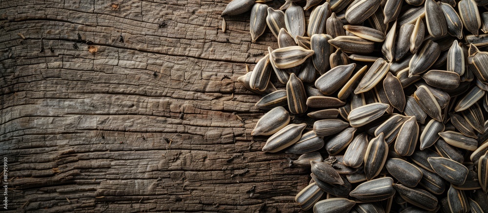 Canvas Prints Fresh sunflower seeds displayed on a wooden table with a rustic texture creating a visually appealing background for a copy space image