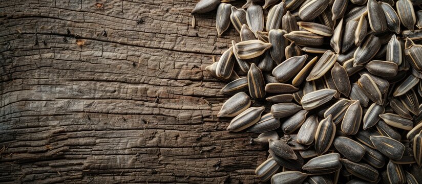 Fresh sunflower seeds displayed on a wooden table with a rustic texture creating a visually appealing background for a copy space image